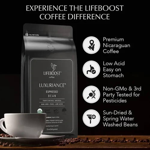 Vista 6 de Lifeboost Café expreso orgánico en grano entero, café expreso bajo en ácido, sin OMG, orgánico USDA, origen único, probado por terceros