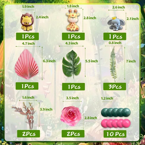 Vista 3 de 22 adornos de animales de selva de safari para tartas, bolas de flores, decoración de tartas con hojas de palmeras bohemias, juguetes de animales