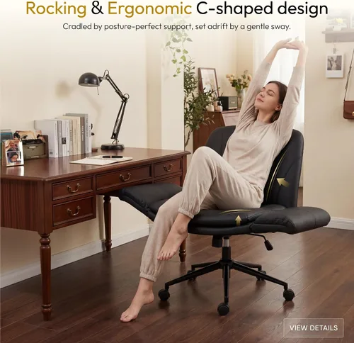 Vista 3 de Dowinx Silla Criss Cross con brazos y ruedas ajustables de cinco niveles - Cómoda silla giratoria ergonómica de cuero PU para tocador - Silla