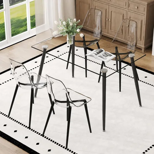Vista 9 de Juego de mesa de comedor de vidrio Ebullient para 4, mesa de 51" de vidrio templado transparente con patas de metal negro y 4 sillas de acrílico