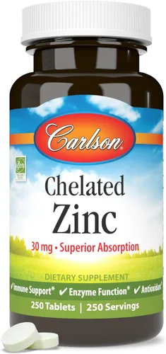 Vista 5 de Carlson Zinc quelado 30 mg – Suplemento de quelato de glicinato de zinc – Absorción superior, apoyo inmunológico y enzimático, antioxidante, 250