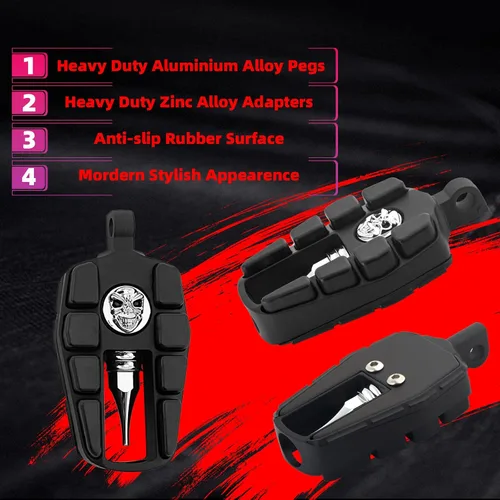 Vista 4 de FATECIM Estriberas de calavera para motocicleta, reposapiés para motocicleta, mini tablas de suelo con adaptadores de montaje macho y goma
