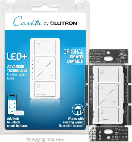 Vista 20 de Lutron Caseta - Interruptor de atenuación inteligente original (requiere Lutron Smart Hub), para luces LED, 150 vatios, un solo polo/3 vías, no Negro