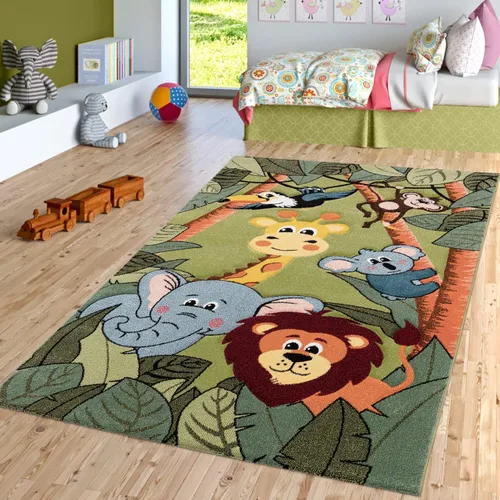 Vista 7 de Paco Home Alfombra de guardería para niños, animales de la selva, locomotora, efecto 3D, color verde crema, tamaño: 4' x 5'7" Crema-verde
