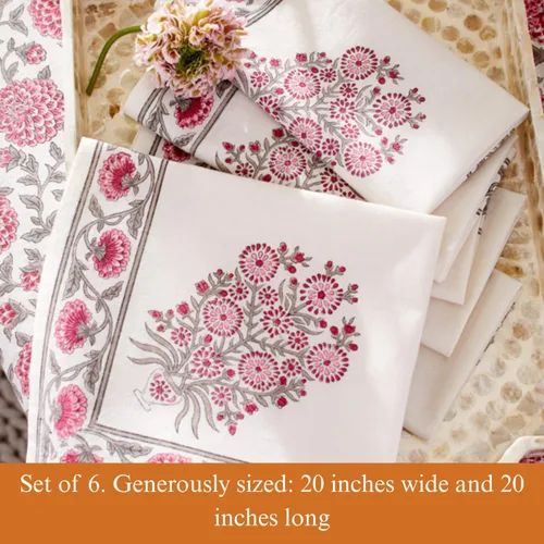 Vista 4 de Saffron Marigold Servilletas de cena 100% algodón rosa, juego de 6, estampado a mano con dalia Daydreams - diseño CP, comercio justo, servilletas