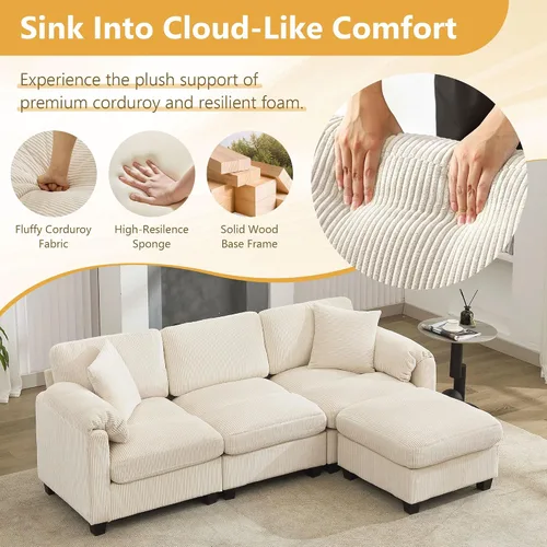 Vista 3 de Sofá modular modular con otomana, sofá de pana de 3 plazas con 2 almohadas, sofá de asiento profundo en forma de L de 88.2 pulgadas con cojín Beige