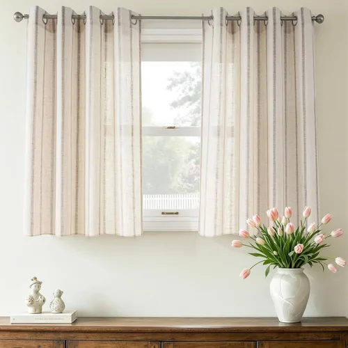 Vista 90 de DriftAway Cortinas de estilo granja con rayas verticales de lino mezclado texturizado con filtro de luz semitransparente para sala de estar