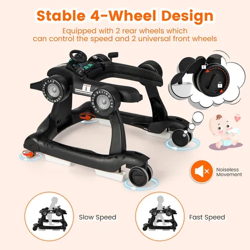 Vista 6 de HONEY JOY Andador de bebé 4 en 1, caminador de actividad con 3 alturas ajustables, ruedas suaves con velocidad ajustable, asiento acolchado, música