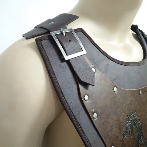 Vista 8 de HiiFeuer Viking Warrior - Armadura de pecho de piel sintética, armadura de cuero retro de caballero, armadura medieval para LARPCosplay