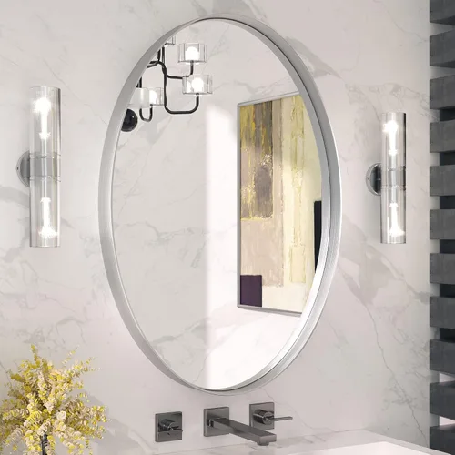 Vista 56 de Espejo de marco dorado cepillado de 16 x 24 pulgadas, espejo de tocador de baño de latón dorado para pared, espejo enmarcado rectangular de esquina