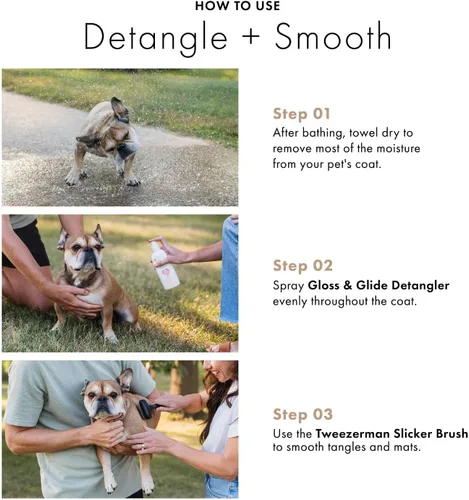 Vista 2 de Juego de Cuidado de Pelaje Suave por Veterinary Formula & Tweezerman – Spray Desenredante Gloss & Glide con Cepillo Slicker Pequeño para Perros