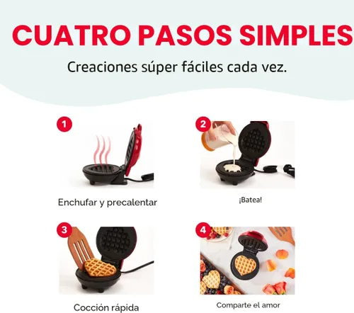 Vista 5 de Dash Mini waflera de corazón, superficie de cocción antiadherente de 4 Corazón rojo