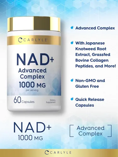 Vista 4 de Carlyle Suplemento NAD+ para mujeres y hombres 1000 mg 60 cápsulas Complejo avanzado con resveratrol y colágeno Sin OMG y sin gluten