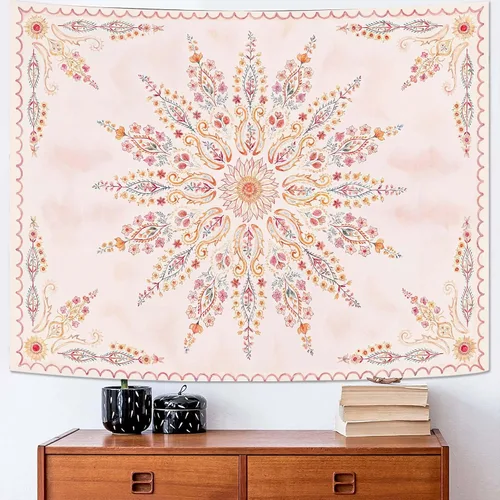 Vista 37 de Fowocu Tapiz bohemio con mandala floral para colgar en la pared, medallón de flores bohemias, tapiz estético, beige, naranja, hippie, indio, pequeño