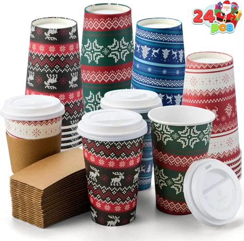 Vista 2 de JOYIN 24 piezas de vasos de papel desechables de Navidad, vasos de fiesta de Feliz Navidad de 16 oz con mangas y tapas, 4 diseños de vajilla