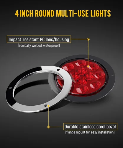Vista 3 de Partsam 10 luces traseras LED redondas rojas de 3.9 in, 12 LED, montaje en brida de acero inoxidable, bisel cromado, resistente al agua, luces