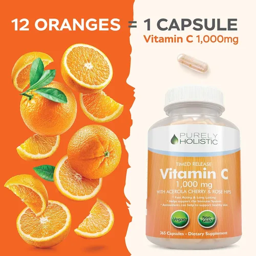 Vista 5 de Purely Holistic Vitamina C 1000 mg + curcumina de cúrcuma orgánica de 700 mg y bioperina - 365 + 120 cápsulas - Paquete vegano - con rosa mosqueta