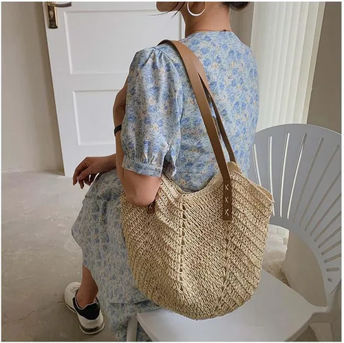 Vista 2 de ZNMDOK Bolsa de paja para mujer, bolsa de playa de verano, bolsa de hombro tejida grande con red de pesca