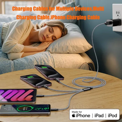 Vista 3 de Doub Tyep-C 4 en 1 cable de carga múltiple de 4 pies, cable de carga de nailon trenzado Lightning para iPhone, cable de carga universal con tipo C