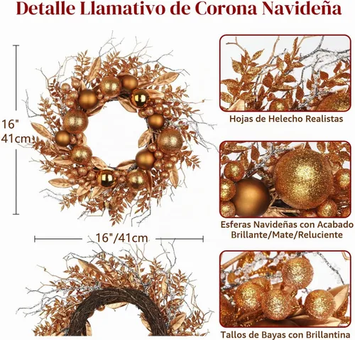 Vista 2 de Corona de Navidad sin luz de 16 pulgadas, corona de puerta de bronce hecha a mano con bayas de eucalipto artificiales y adornos para decoración