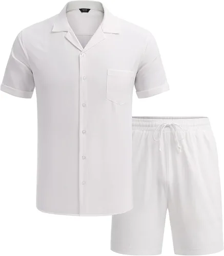 Vista 4 de COOFANDY Conjunto de camisa de 2 piezas para hombre, manga corta, con botones, casual, hippie, vacaciones, playa, camisetas y pantalones cortos