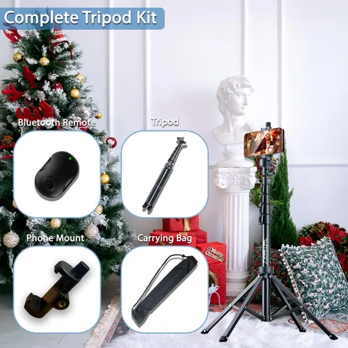 Vista 9 de Fugetek Trípode selfie stick de 62 pulgadas para iPhone, diseño estable de 4 patas, control remoto Bluetooth, palo y piernas de aluminio, ligero