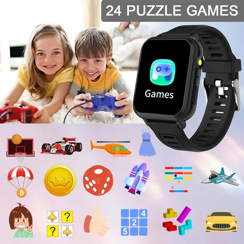 Vista 3 de Reloj inteligente AIWIEP para niños con 24 juegos, pantalla táctil, reproductor de música, cámara, reloj despertador, calculadora, linterna, 12/24