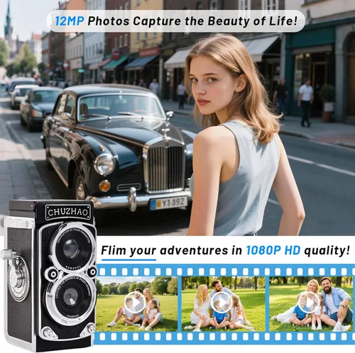 Vista 3 de Redcomets Mini cámara digital retro – Estilo vintage TLR apuntar y disparar cámara de vlogging de enfoque automático, compacta y portátil, tarjeta