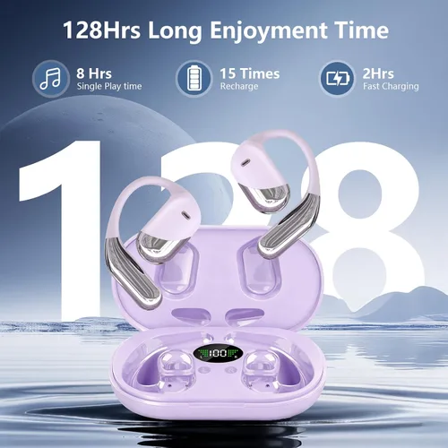 Vista 2 de Auriculares abiertos, clip para colocar sobre las orejas, auriculares inalámbricos, conducción ósea, micrófono integrado, pantalla LED Bluetooth
