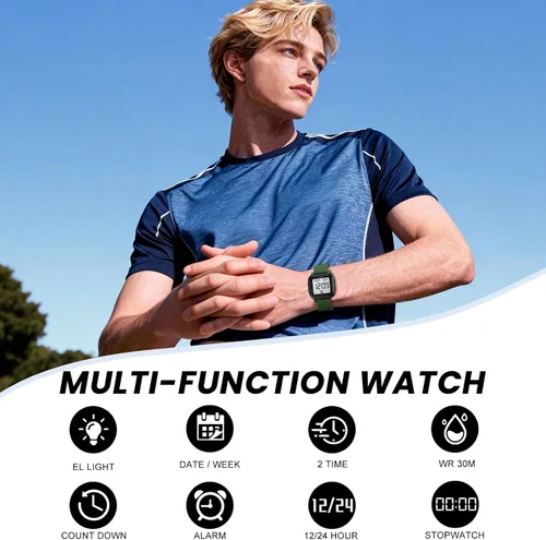 Vista 4 de SKMEI Reloj deportivo digital para hombre, ultrafino, grande, impermeable, con cronómetro, temporizador de cuenta regresiva, función de alarma, luz