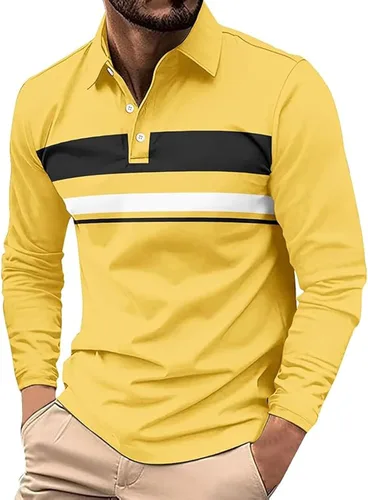 Vista 10 de Polo para hombre, manga larga, ajustado, a rayas, con cuello, talla grande, para golf y otoño