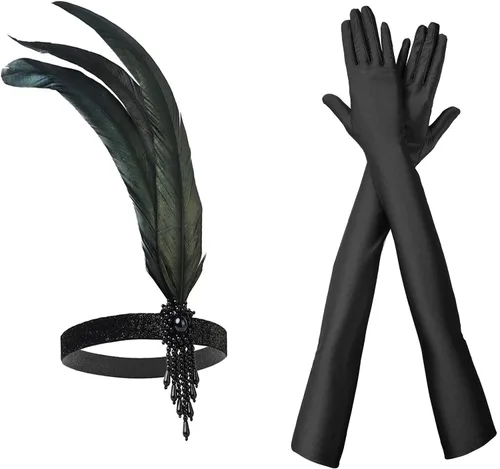 Vista 5 de Juego de accesorios de disfraz de Gatsby, diadema y collar de perlas, guantes de plástico