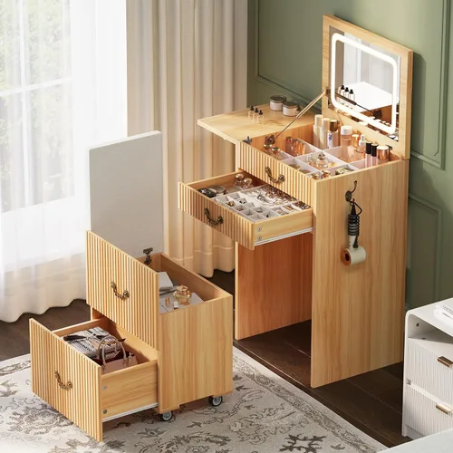 Vista 8 de FURSUN Tocador 3 en 1 con espejo abatible y luces, mesa de tocador compacta acanalada con 3 cajones, compartimento de almacenamiento y taburete