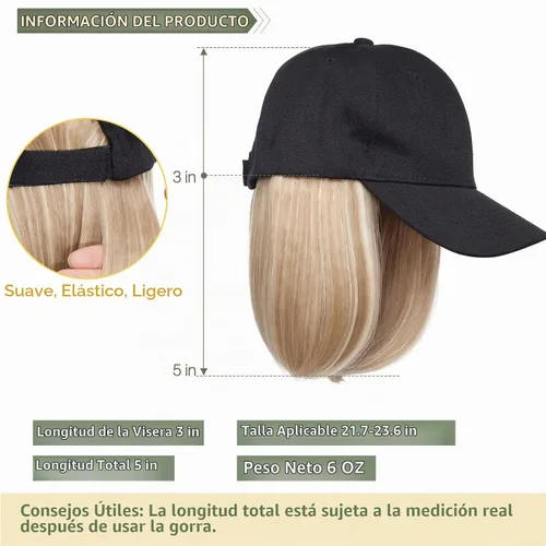 Vista 5 de S-noilite Peluca de gorra de béisbol de 6 pulgadas con peinado Bob y extensiones de cabello, gorra de béisbol recta ajustable para mujer