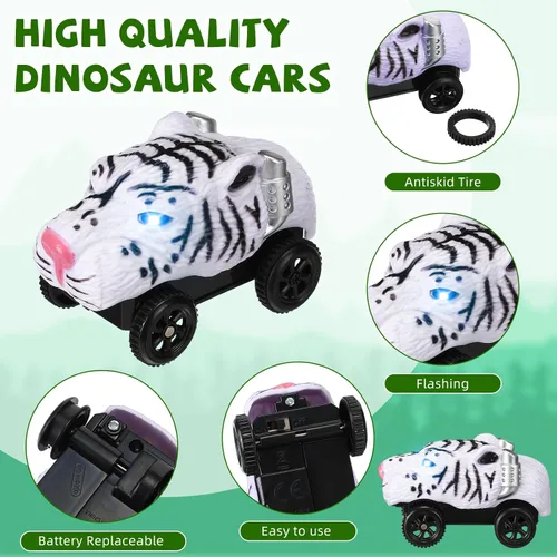 Vista 3 de Skylety - Paquete de 6 coches de carreras de dinosaurios LED compatibles con la mayoría de pistas, bestia Battery Powered Glowing Toys