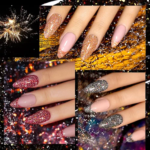 Vista 6 de RARJSM Juego de esmaltes de uñas de gel con purpurina reflectante, 6 colores brillantes plateados, champán, dorado, rosa, naranja, negro, rojo
