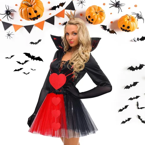 Vista 5 de Xtinmee Disfraz de reina para mujer, falda tutú roja y negra, diadema brillante, parche de fieltro y guantes negros, disfraz de reina de Halloween