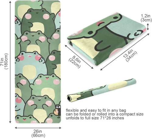 Vista 2 de Cute Chubby Frog Yoga Mat, 71 x 26 Inch Non-slip Yoga Mats Folding Travel Exercise Mat Indoor Outdoor Gym Pilates with Storage Bag for Women Men