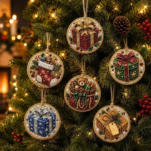 Vista 12 de GOJXDNE 6 adornos de arte de diamantes de Navidad, kit de manualidades de Bases de madera preperforadas con perlas en forma de gemas de resina