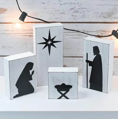 Vista 3 de Juego de bloques de madera, belén - Decoración de mantel de mesa interior de Navidad