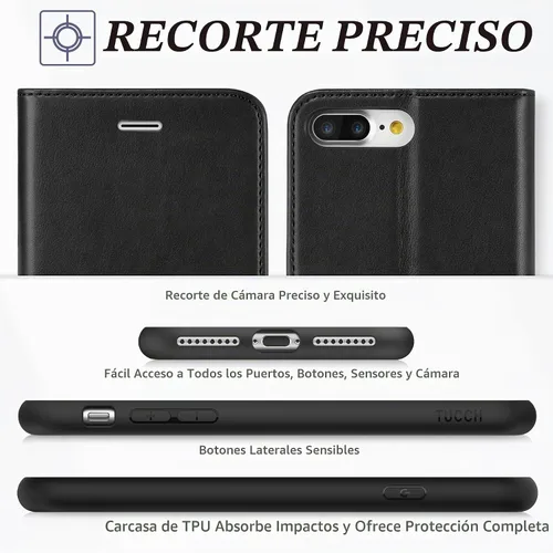 Vista 8 de TUCCH Funda tipo cartera para iPhone 8 Plus/7 Plus de 5.5", 3 tarjeteros Negro