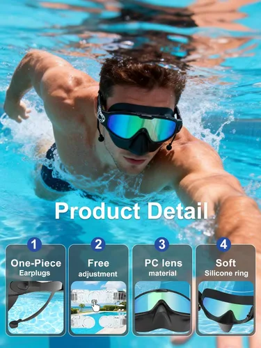 Vista 6 de Gafas de natación para adultos con cubierta de nariz para hombres y mujeres, paquete de 2 gafas de natación de visión amplia, antivaho, UV, sin