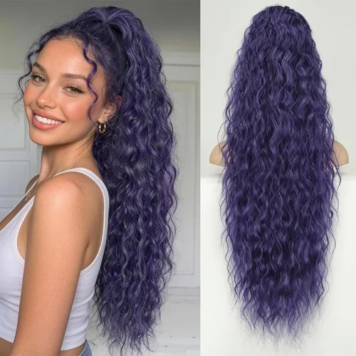 Vista 24 de KooKaStyle Extensión de cola de caballo con cordón de 26 pulgadas (66 cm) para mujeres, extensiones de cabello sintético rizado largo para uso