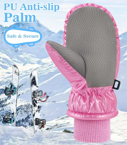Vista 4 de MoKo Guantes de nieve para niños pequeños, guantes cálidos de forro polar coral para niños con hebillas de unión, guantes de esquí impermeables