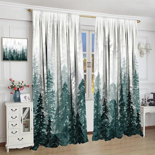 Vista 3 de Cortinas de bosque brumoso azul, bolsillo para barra, paisaje natural, árbol brumoso, montañas, camping, paisaje, rústico, impreso, dormitorio, sala