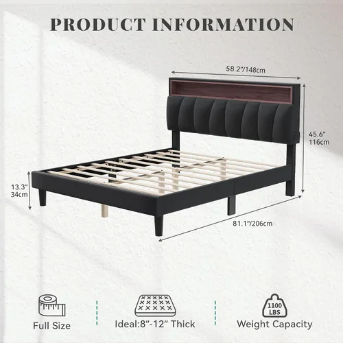 Vista 2 de YITAHOME Base de cama de tamaño matrimonial, marco de cama LED con cabecera tapizada de almacenamiento, cama de plataforma con salida y puertos USB