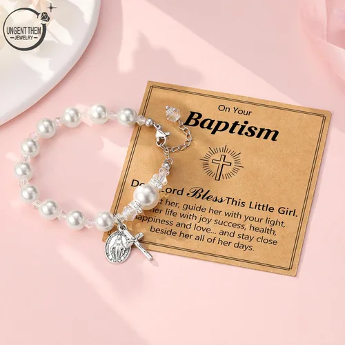 Vista 5 de UNGENT THEM Pulsera de perlas con cruz de rosario, bautismo, comunión, confirmación católica, regalos de Pascua para niñas, nieta, hija, sobrina