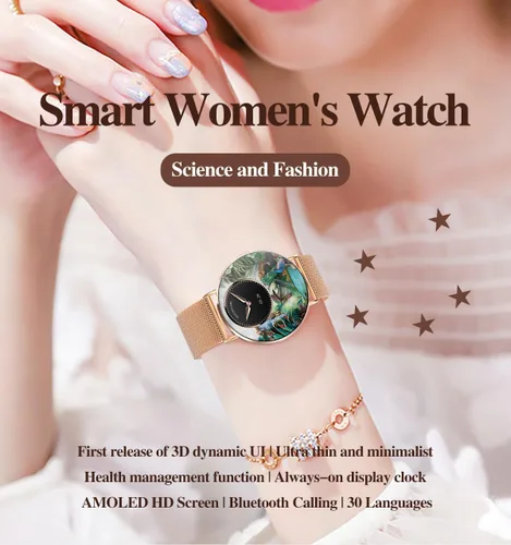 Vista 2 de Reloj inteligente para mujer, pantalla AMOLED de 1.32 pulgadas, frecuencia cardíaca, SpO2, monitor de sueño, calorías, clima, más de 100 modos