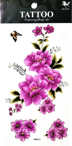 Vista 2 de Tatuajes de 2 hojas coloridas y hermosas flores de orquídea de jazmín rosa, temporales, tatuajes falsos de fantasía, moda para mujeres, pintura