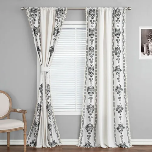 Vista 2 de VOGOL Cortinas bohemias de 84 pulgadas de largo, cortinas decorativas con textura de lino para sala de estar, patrón de flores negras, bolsillo